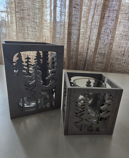 set of candlesticks, wood, grey