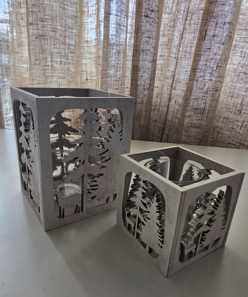 set of candlesticks, wood,light grey